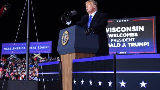 US President Donald Trump speaks during a campaign rally at Waukesha County Airport in Waukesha, Wisconsin on October 24, 2020.