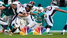 MIAMI GARDENS, FL - DECEMBER 03: Miami Dolphins corner back Bobby McCain (28) sacks Denver quarterback Trevor Siemian (13) during an NFL football game between the Denver Broncos and the Miami Dolphins on December 3, 2017 at Hard Rock Stadium, Miami Gardens, Florida. Miami defeated Denver 35-9. (Photo by Richard C. Lewis/Icon Sportswire via Getty Images)