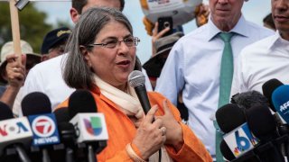 Commissioner Daniella Levine Cava describes what she witnessed inside the Homestead Detention Center during a tour she took earlier in the morning on June 28, 2019 in Homestead, Fla. (Jennifer King/MIami Herald/TNS)