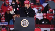 President Donald Trump speaks to supporters during a campaign rally at the Kenosha Regional Airport on November 02, 2020 in Kenosha, Wisconsin.