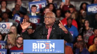 Rep. Jim Clyburn (D-SC) speaks at democratic presidential candidate former Vice President Joe Biden's primary night event at the University of South Carolina on February 29, 2020 in Columbia, South Carolina.