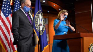 Speaker of the House Nancy Pelosi (R), D-Calif., and Senate Minority Leader Chuck Schumer, D-N.Y., hold a press briefing on Capitol Hill on Nov. 6, 2020.