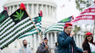 Adam Eidinger, founder of DCMJ.org, speaks during the groups’ protest in front of the U.S. Capitol on Monday, April 24, 2017, to call on Congress to reschedule the drug classification of marijuana.