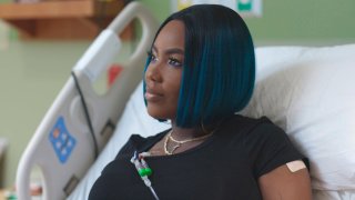 This July 2019 image provided by the Sarah Cannon Research Institute shows Victoria Gray on her infusion day during a gene editing trial for sickle cell disease