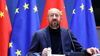 Charles Michel, president of the European Council, pauses during a EU-China investment accord virtual meeting in the Europa Building in Brussels, Belgium, on Wednesday, Dec. 30, 2020. The European Union and China announced the political approval of a long-sought agreement to open the Chinese market further to EU investors, marking an economic victory for both sides.