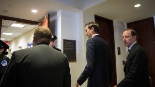 WASHINGTON, DC - JULY 25: With lawyer Abbe Lowell (R) accompanying him, White House Senior Advisor and President Donald Trump's son-in-law Jared Kushner arrives for his interview with the House Permanent Select Committee on Intelligence on Capitol Hill, July 25, 2017 in Washington, DC. Kushner is expected to be questioned by committee members as part of the their investigation into Russian election meddling.