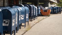 Dozens of mail boxes sit in the parking lot of a post office on Lafayette Avenue on Aug. 17, 2020, in the Bronx, New York.