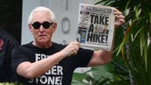 Roger Stone makes an appearance outside his house on July 12, 2020, in Fort Lauderdale, Florida. Stone, a longtime friend and advisor to President Donald Trump, recently had his prison sentence commuted by the president.