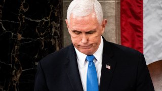 Vice President Mike Pence presides over a joint session of the House and Senate as it convenes to confirm the Electoral College votes cast in November’s election, at the Capitol in Washington, DC, January 6, 2021.