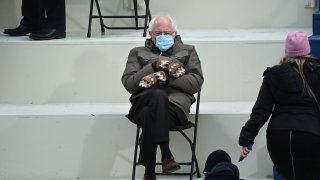 Former presidential candidate, Senator Bernie Sanders (D-Vermont) sits in the bleachers on Capitol Hill before Joe Biden is sworn in as the 46th US President on January 20, 2021, at the US Capitol in Washington, DC.