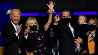 President-elect Joe Biden, his wife Jill Biden, son Hunter Biden and members of the Biden family stand on stage, Nov. 7, 2020, in Wilmington, Del.