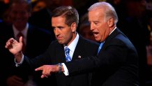 UNITED STATES - AUGUST 27:  Joe Biden, right, a Democratic senator from Delaware and vice presidential running mate of presidential candidate Senator Barack Obama of Illinois, walks with his son Joseph "Beau" Biden, attorney general of Delaware, on day three of the Democratic National Convention (DNC) in Denver, Colorado, U.S., on Wednesday, Aug. 27, 2008. The DNC ends on Aug. 28.  (Photo by Matthew Staver/Bloomberg via Getty Images)