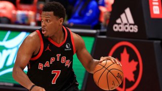 Kyle Lowry #7 of the Toronto Raptors brings the ball up during a game against the Dallas Mavericks at Amalie Arena on Jan. 18, 2021 in Tampa, Florida.