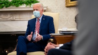 President Joe Biden speaks as he meets with Senators from both parties in the White House on Feb. 11, 2021.