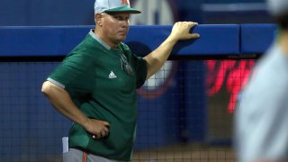 GAINESVILLE, FL – FEB 22: Hurricanes Head Coach Gino DiMare (6) during the college baseball game between the Miami Hurricanes and the Florida Gators on February 22, 2019 at Alfred A. McKethan Stadium in Gainesville, Florida. (Photo by Cliff Welch/Icon Sportswire via Getty Images)