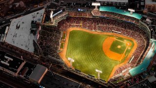 BOSTON, MA - SEPTEMBER 5: An aerial view of Fenway Park during a game between the Boston Red Sox and the Minnesota Twins on September 5, 2019 at Fenway Park in Boston, Massachusetts.