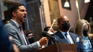 Rep. Justin Bamberg (D-Bamberg) holds an instrument used for sonograms while speaking in the statehouse lobby during a press conference and protest by Democrats who walked out during a debate on an anti-abortion bill in the House of Representatives. Republicans passed the bill and after being signed by the Governor, it will most likely cause a constitutional showdown in the courts.