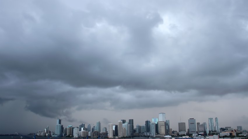 A thunderstorm looms over the Miami skyline on June 21, 2014. Taken from a departing Norwegian Cruise Lines Getaway cruise ship.