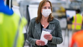 General Motors Chairman and CEO Mary Barra on April 1, 2020 tours one of the company’s facilities in Warren, Michigan that will produce Level 1 face masks.
