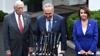 Speaker of the House Nancy Pelosi (R), Senate Minority Leader Chuck Schumer (D-NY) (C) and Representative Steny Hoyer