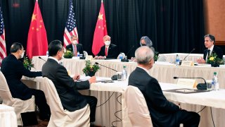 U.S. Secretary of State Antony Blinken speaks while facing Yang Jiechi, director of the Central Foreign Affairs Commission Office, and Wang Yi, China’s Foreign Minister, at the opening session of US-China talks at the Captain Cook Hotel in Anchorage, Alaska on March 18, 2021.