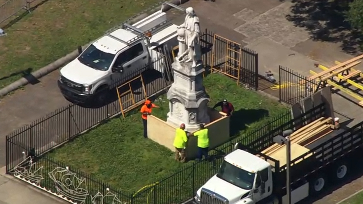 After the protests, Philadelphia began to grapple with some of the symbols of its racist past. Quietly, the statue of Christopher Columbus at Marconi Plaza was covered up, then removed. (Photo: SkyForce / NBC10)