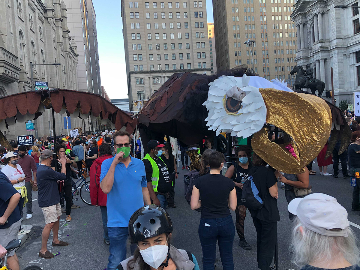 Pennsylvania's vote -- and the U.S. election -- was called by all major television networks on Nov. 7, four days after Election Day. Crowds began to gather at Philadelphia City Hall. These pro-Biden demonstrators brought a massive eagle. (Photo: Rudy Chinchilla / NBC10)