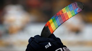 SUNRISE, FL – FEBRUARY 8: As part of Pride Night the Florida Panthers have decorated their sticks with rainbow tape during warm ups against the Pittsburgh Penguins at the BB&T Center on February 8, 2020 in Sunrise, Florida. (Photo by Eliot J. Schechter/NHLI via Getty Images)