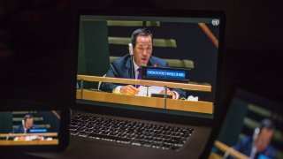 Kim Song, North Korean ambassador to the United Nations, speaks during the United Nations General Assembly seen on a laptop computer in Hastings on the Hudson, New York, U.S., on Tuesday, Sept. 29, 2020.