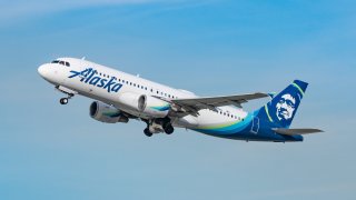 Alaska Airlines Airbus A320-214 takes off from Los Angeles international Airport on January 13, 2021 in Los Angeles, California.