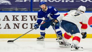 TAMPA, FL – MARCH 21: Tyler Johnson #9 of the Tampa Bay Lightning skates against the Florida Panthers during the first period at Amalie Arena on March 21, 2021 in Tampa, Florida. (Photo by Scott Audette /NHLI via Getty Images)