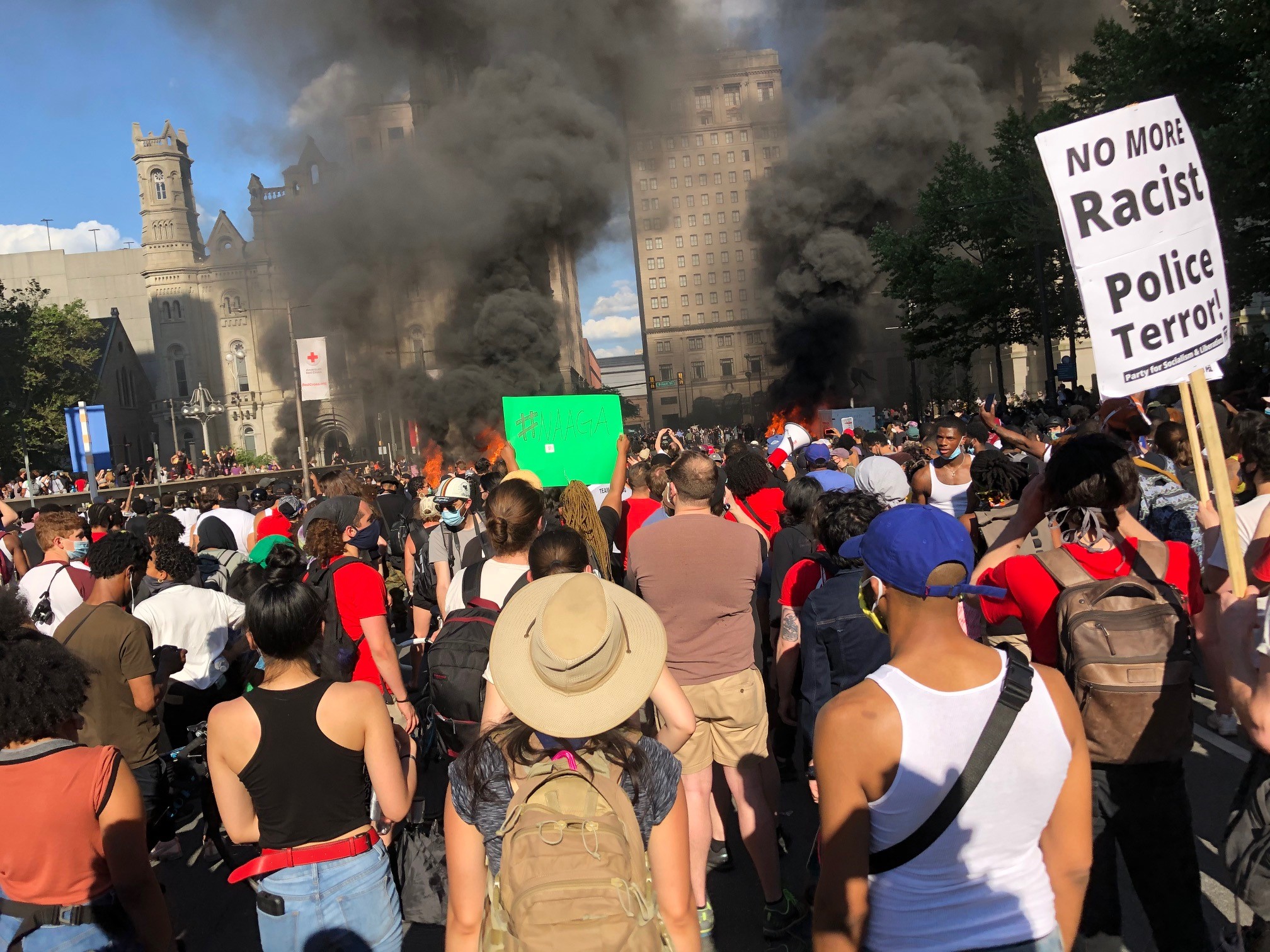 Fires were set during the protests, including to two police cars. (Photo: Dave Palmer / NBC10)