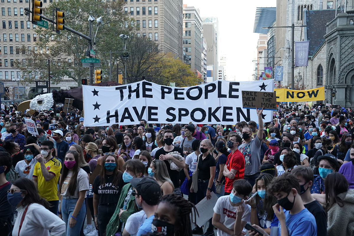 A pro-Biden celebration outside City Hall after the election was decided. (Photo: Bryan R. Smith / AFP)
