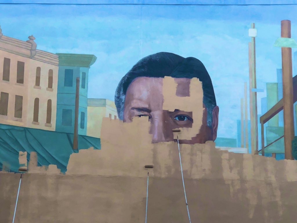 A mural in South Philadelphia of former Mayor Frank Rizzo was first vandalized, then covered over. (Photo: Derrick Cheston / NBC10)