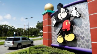 A view of Mickey Mouse at the Walt Disney World theme park entrance on July 9, 2020 in Lake Buena Vista, Florida.