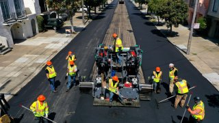 workers with the San Francisco Department of Public Works repave