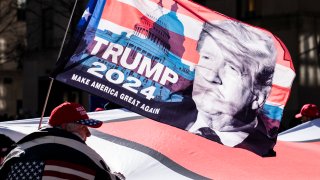 protesters supporting former President Donald Trump march down Fifth Avenue