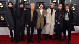 FILE - BTS arrives at the 62nd annual Grammy Awards in Los Angeles on Jan. 26, 2020.