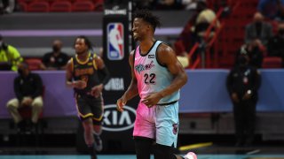 MIAMI, FL – APRIL 8: Jimmy Butler #22 of the Miami Heat laughs during the game against the Los Angeles Lakers on April 8, 2021 at American Airlines Arena in Miami, Florida. NOTE TO USER: User expressly acknowledges and agrees that, by downloading and or using this Photograph, user is consenting to the terms and conditions of the Getty Images License Agreement. Mandatory Copyright Notice: Copyright 2021 NBAE (Photo by Carlos Goldman/NBAE via Getty Images)