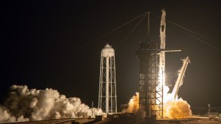 NASA astronauts Shane Kimbrough and Megan McArthur and, two international partners, Japan Aerospace Exploration Agency (JAXA) astronaut Akihiko Hoshide and ESA (European Space Agency) astronaut Thomas Pesquet launch to the International Space Station from historic launch pad 39-A on a Falcon-9 rocket in the Crew Dragon capsule at Kennedy Space Center.