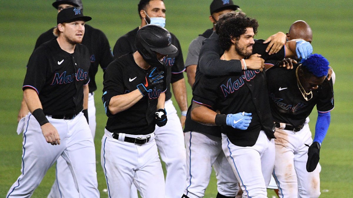 Miami Marlins' Jorge Alfaro celebrates after hitting a two-run