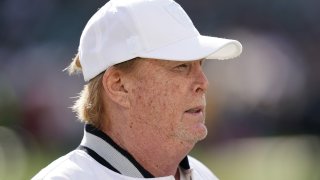 In this Dec. 8, 2019, file photo, Raiders owner Mark Davis looks on during pregame warm ups prior to the start of an NFL football game against the Tennessee Titans at RingCentral Coliseum in Oakland, California.