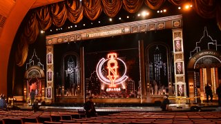 Workers prepare for the 73rd annual Tony Awards in New York