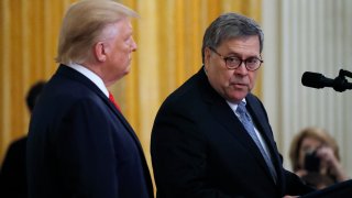 FILE - In this Monday, Sept. 9, 2019, file photo, Attorney General William Barr speaks as President Donald Trump listens during a ceremony in the East Room of the White House, in Washington. Trump recently asked the Australian prime minister and other foreign leaders to help Barr with an investigation into the origins of the Russia probe that shadowed his administration for more than two years, the Justice Department said Monday. Sept. 30.