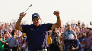 Phil Mickelson celebrates after winning the final round at the PGA Championship golf tournament on the Ocean Course, Sunday, May 23, 2021, in Kiawah Island, South Carolina.