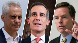 Photo of Former Chicago Mayor Rahm Emanuel (left), Los Angeles Mayor Eric Garcetti (center), and Former Undersecretary of State Nicholas Burns (right).