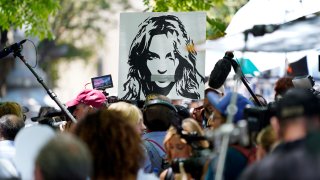 A portrait of Britney Spears looms over supporters and media members outside a court hearing
