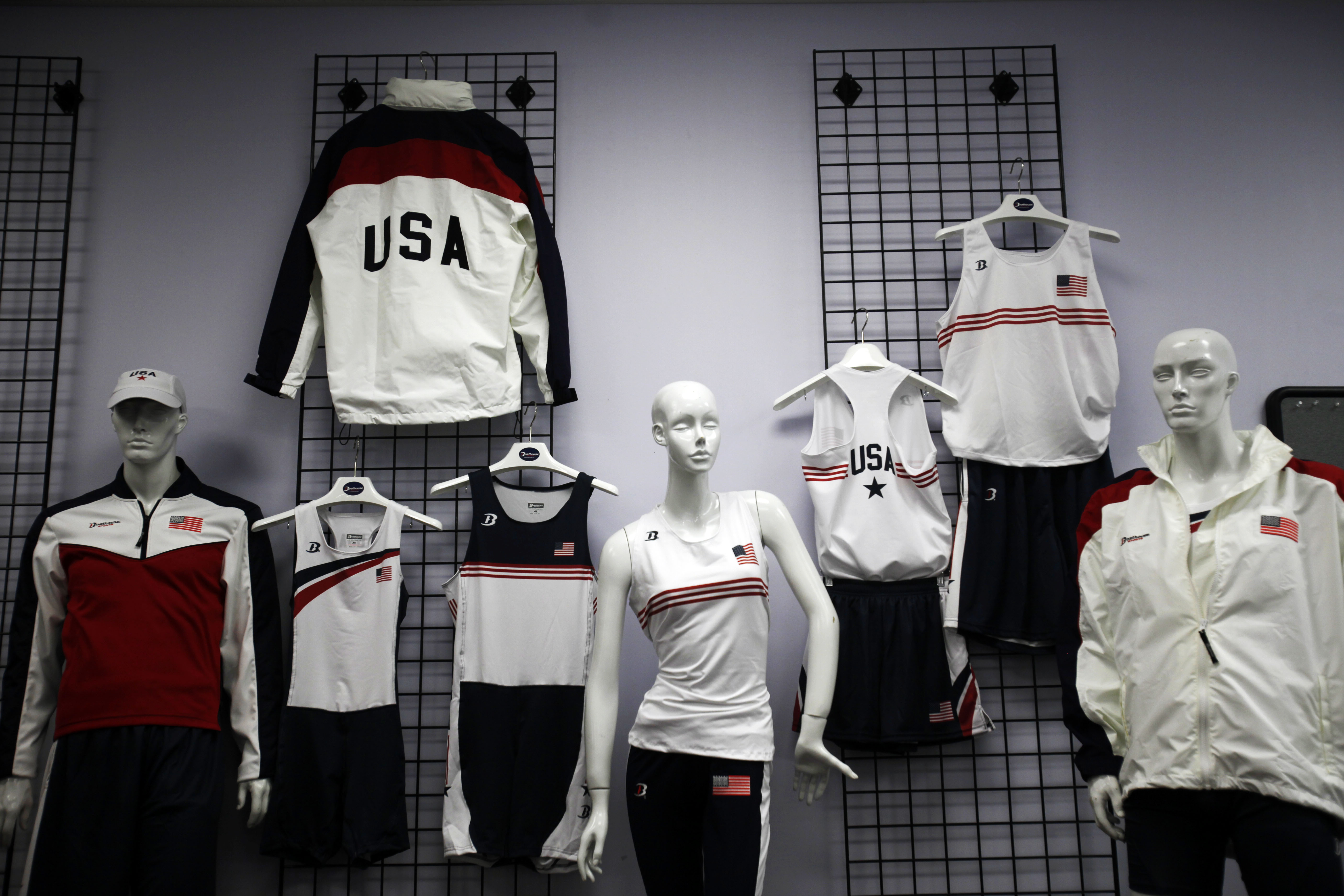 Uniforms outfitted for the Olympic Rowing are displayed at Boathouse Sports on July 13, 2012, in Philadelphia  for the Summer Games in London.