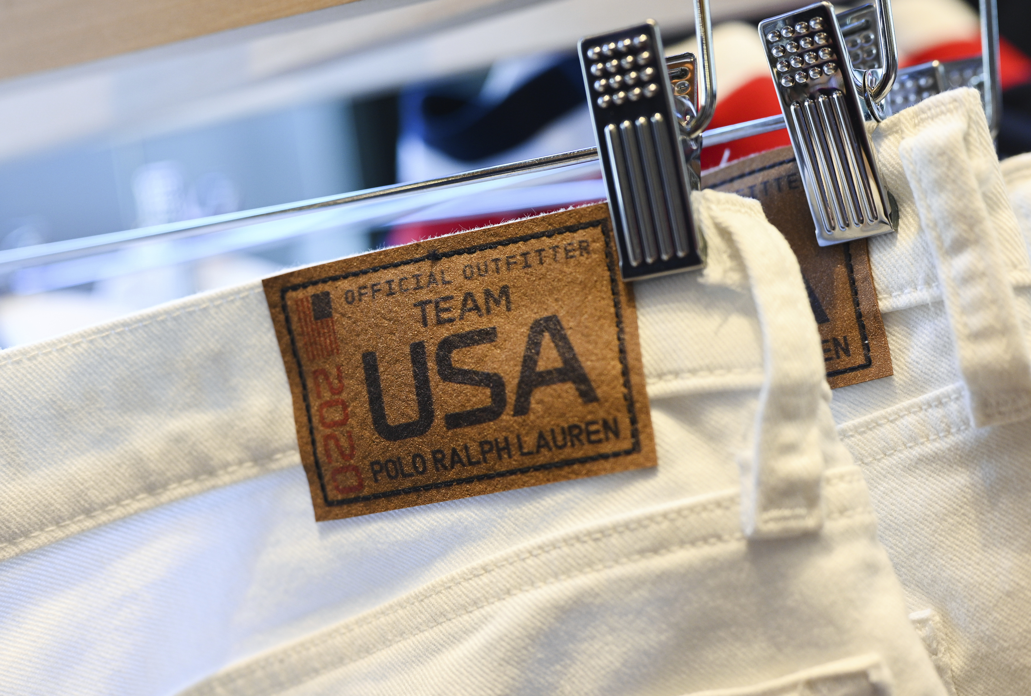 Team USA Tokyo Olympic closing ceremony uniforms are displayed during the unveiling at the Ralph Lauren SoHo Store on April 13, 2021, in New York City.