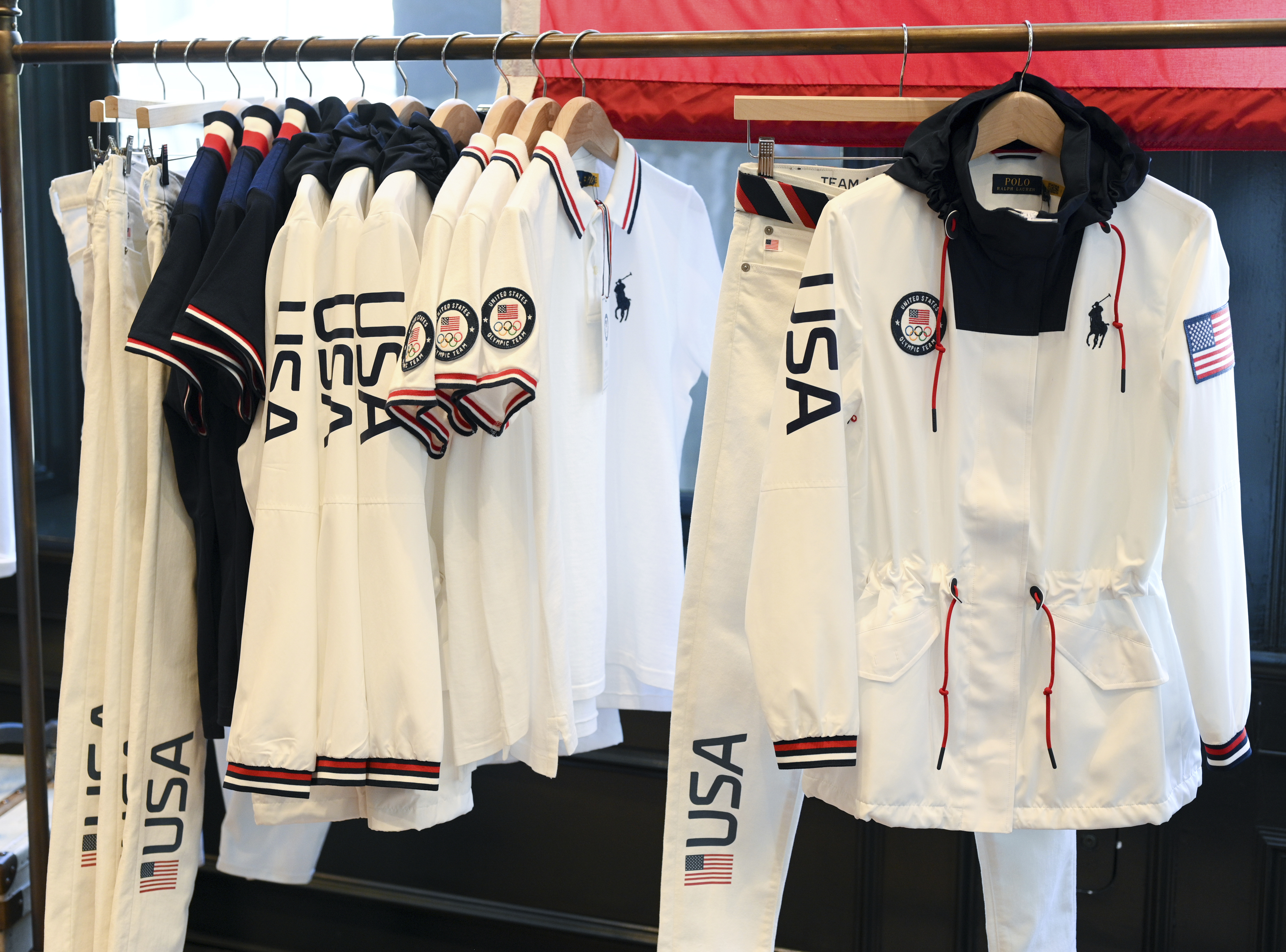 Team USA Tokyo Olympic closing ceremony uniforms are displayed during the unveiling at the Ralph Lauren SoHo Store on April 13, 2021, in New York City.